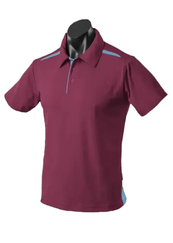 A maroon polo shirt featuring blue accents, displayed on a mannequin without any logos.