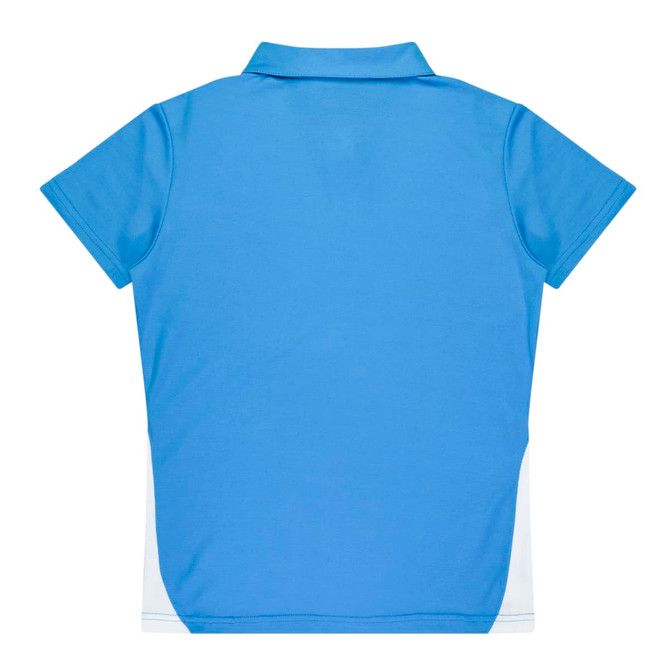 A blue polo shirt with short sleeves and a white side panel, featuring a collar and an unseen logo.