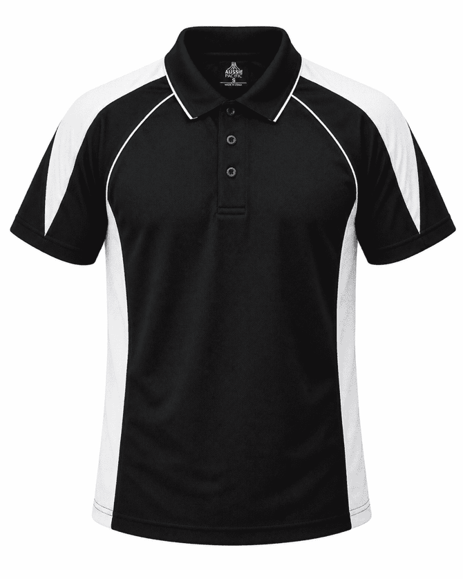 A black and white polo shirt featuring a logo and a classic collar design.