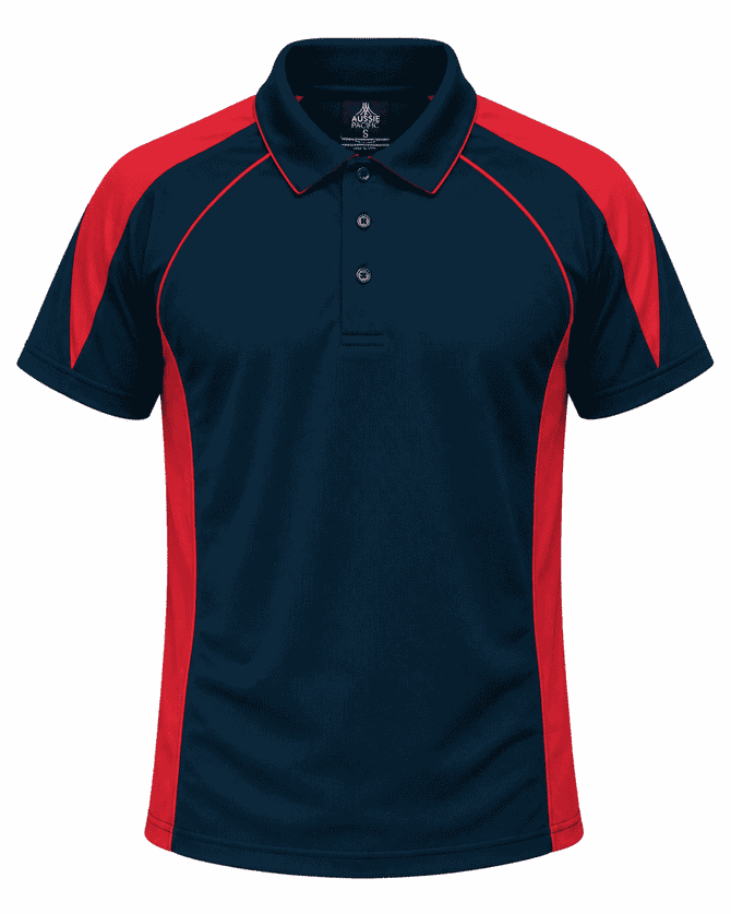 A navy polo shirt with red side panels and a collar, featuring a logo on the chest.