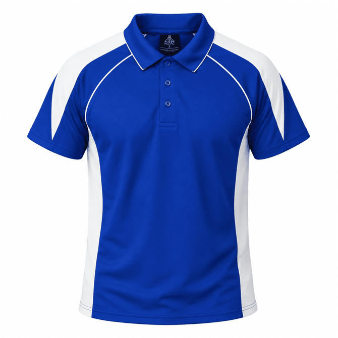 A blue polo shirt featuring white side panels and a collar, with a logo on the front.