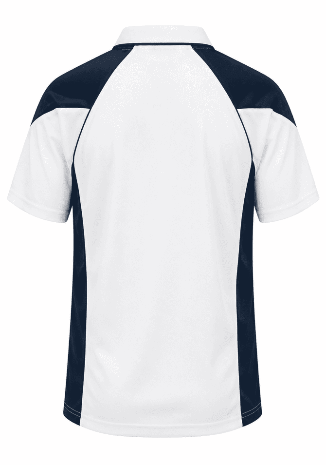 A polo shirt featuring a white body with navy blue side panels and a logo on the front.