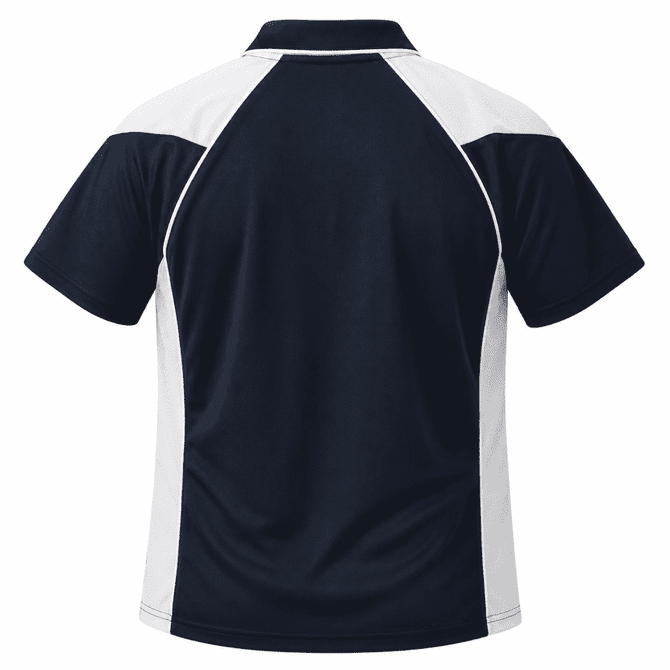 A navy polo shirt with white accents, featuring a logo on the back. Suitable for casual or sporting wear.