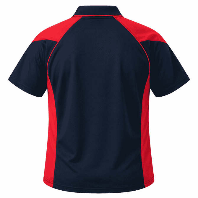 A polo shirt featuring a navy blue body with red accents on the sleeves and sides. It has a collar and a logo.