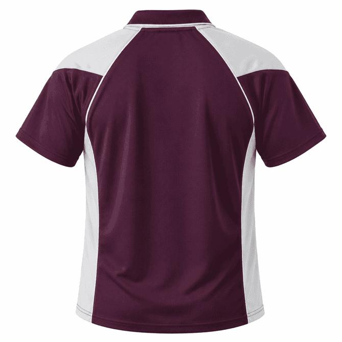 A polo shirt featuring maroon and white colours with a sporty design and a logo on the back.