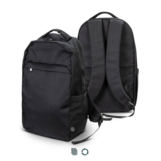 A black recycled backpack with padded straps and a front pocket, featuring a logo on the side.