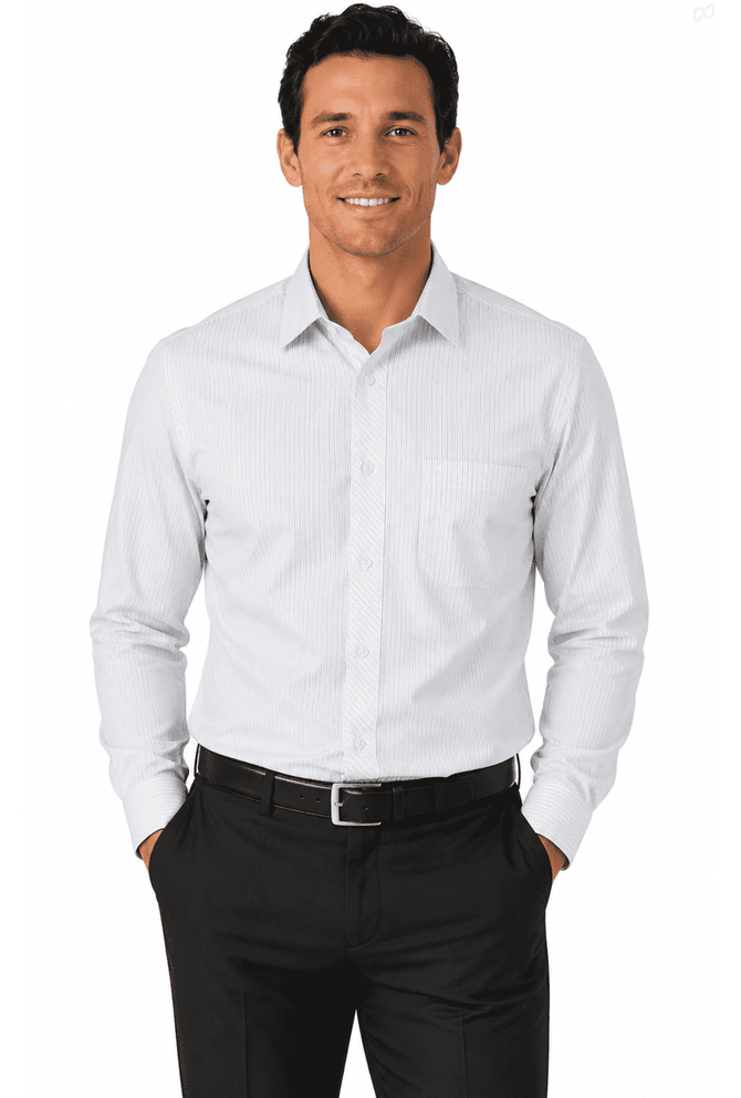 A long-sleeve men's shirt in white, featuring a chest pocket and a logo, worn by a man with hands in pockets.