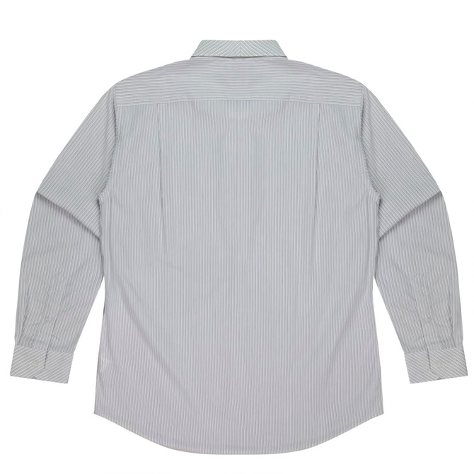A long sleeve button-up shirt in a light grey and white striped pattern, featuring a back yoke design and a logo.
