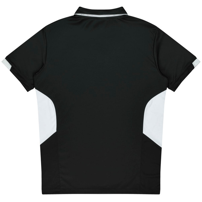 A black polo shirt with white side accents and a collar. The shirt features a logo on the back.