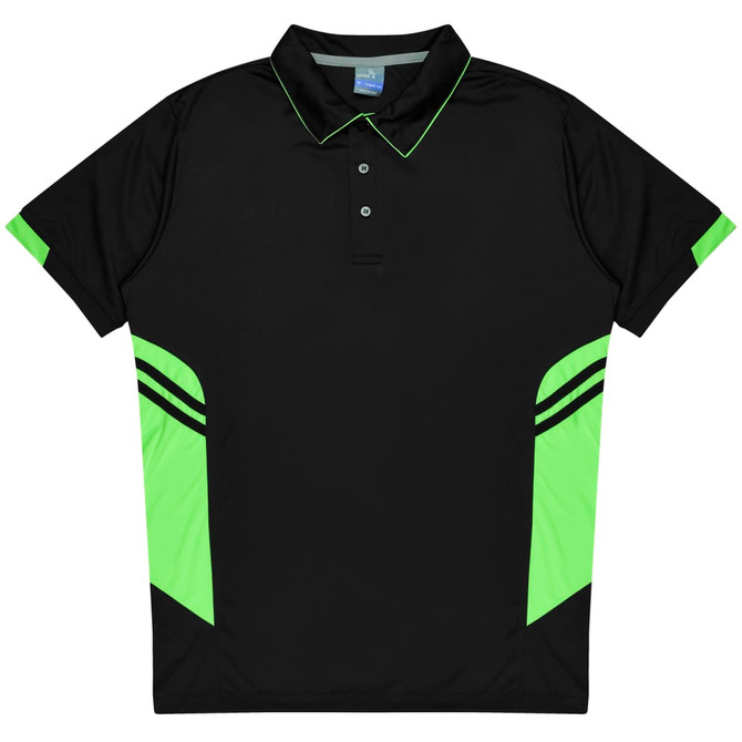 A black polo shirt with neon green accents and stripes on the sides, featuring a collar and buttons.