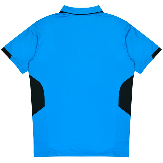 A blue polo shirt with black accents, featuring a logo on the back.