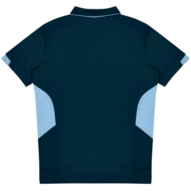 A navy blue polo shirt featuring light blue accents on the sides and a collar. The shirt has a logo on it.