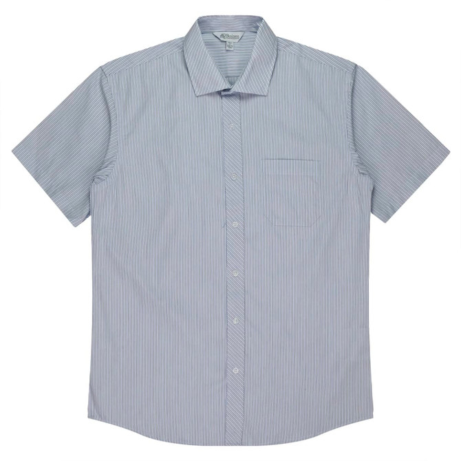 A short-sleeve button-up shirt in light blue with subtle stripes, featuring a single chest pocket and a logo.