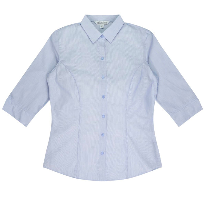 A light blue button-up shirt with 3/4 sleeves and a fitted design, featuring a logo on the label.