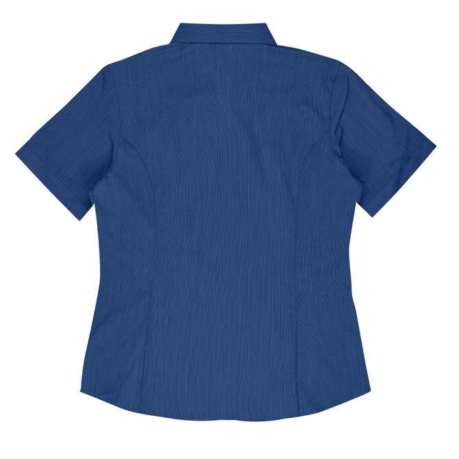 A short-sleeve button-up shirt in navy blue, featuring a tailored fit and a collar. It has a branding logo.