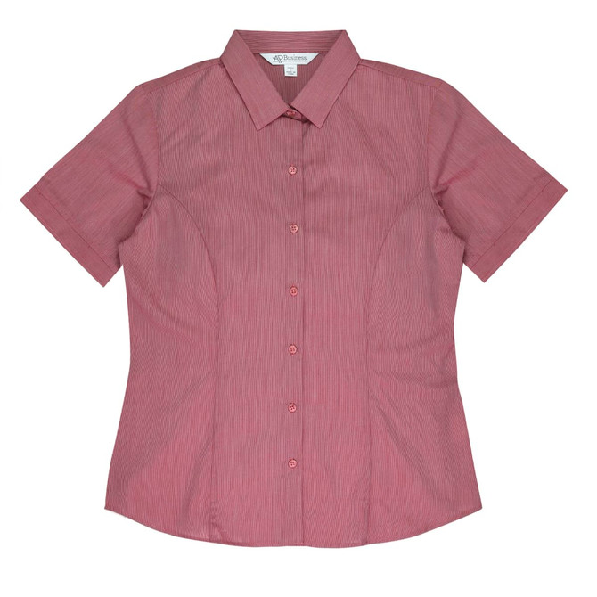 A short-sleeve button-up shirt in a burgundy hue with a fitted design and a collar. Features a logo.