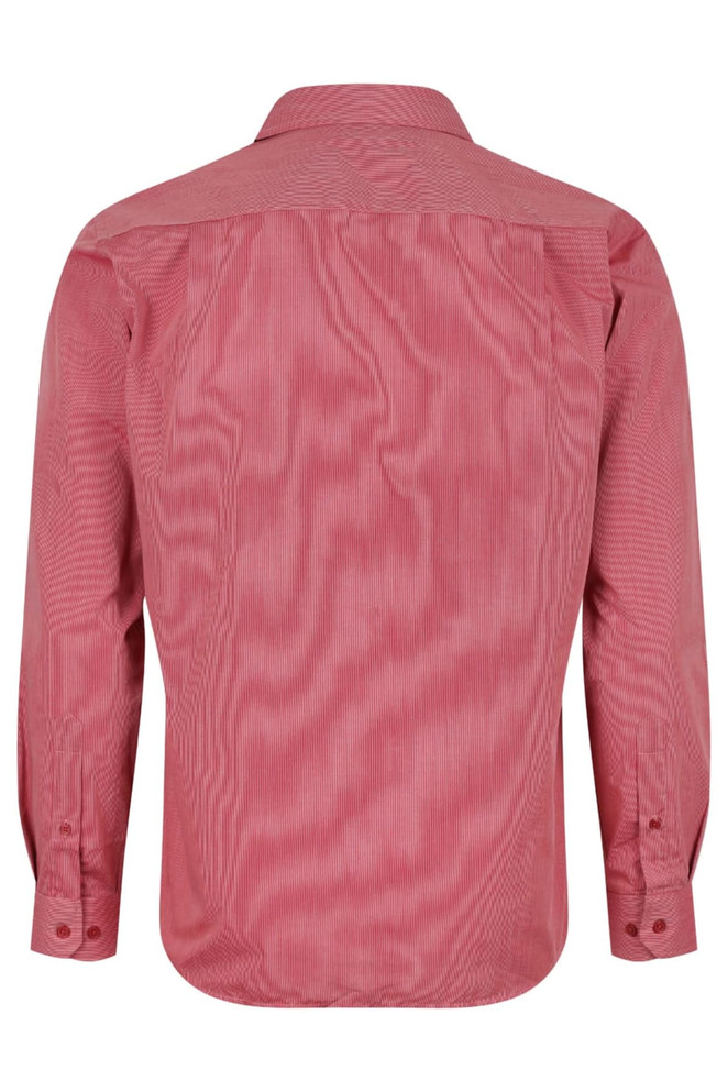 A long-sleeve button-up shirt in a red and white striped pattern, featuring a collar and a logo.