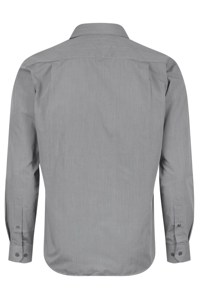 A long sleeve button-up shirt in grey, featuring a plain design and a branded logo on the back.