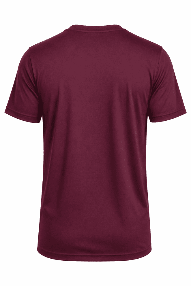 A maroon T-shirt displayed from the back, featuring a smooth fabric finish and no visible design elements.