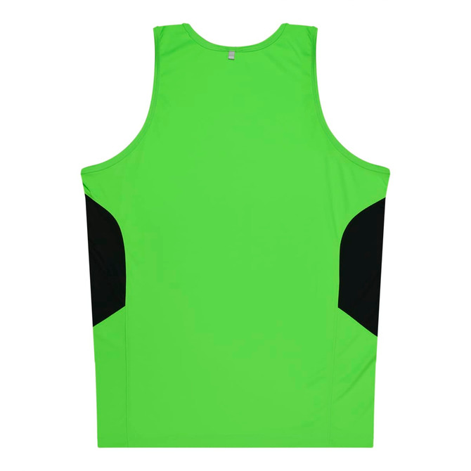 A bright green singlet with black side panels and a simple design. Features a logo on the upper back.