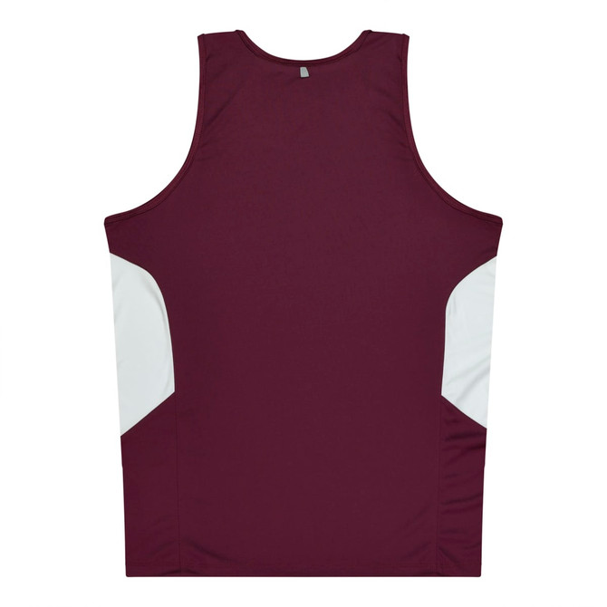 A maroon singlet with white panel accents on the sides, featuring a logo on the back.