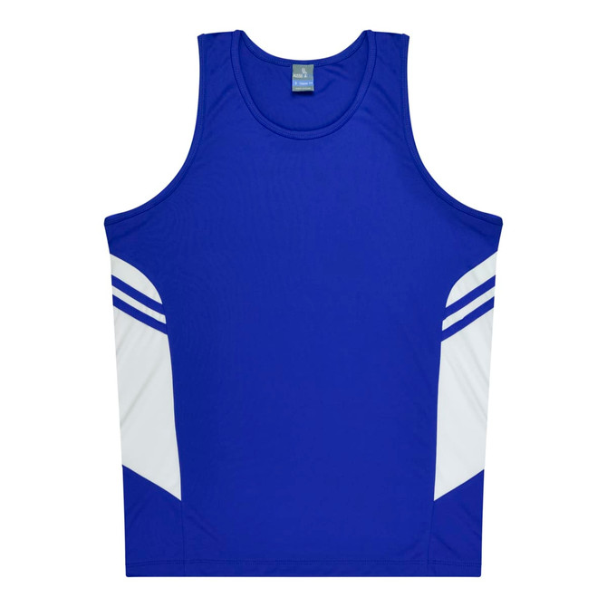 A blue singlet with white side panels and a logo on the chest. Suitable for kids.
