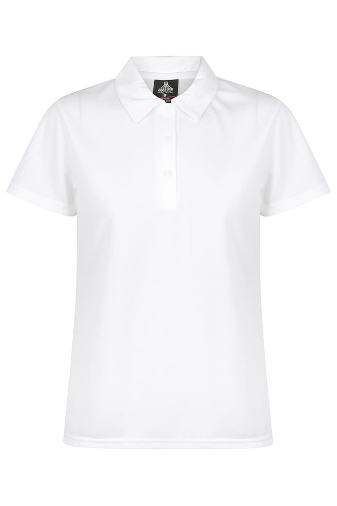 A white polo shirt with a collar and buttons, featuring a logo on the chest.