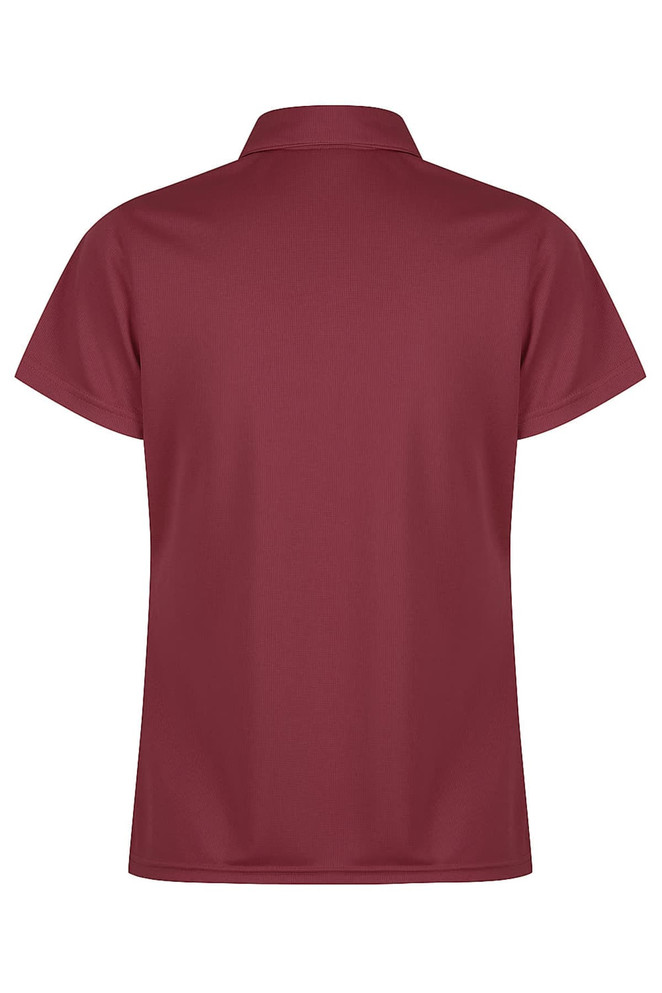 A burgundy polo shirt with a classic collar and short sleeves. The back view showcases a smooth, simple design.