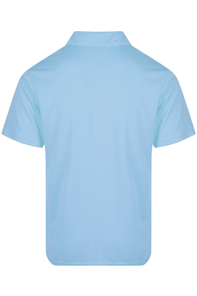 A light blue men's polo shirt featuring a classic design and a back view. Includes a branding logo.