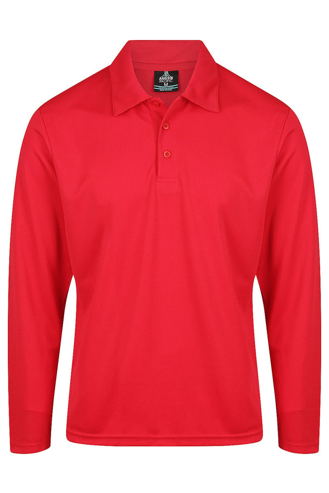 A red long-sleeve polo shirt featuring a three-button placket and a logo.