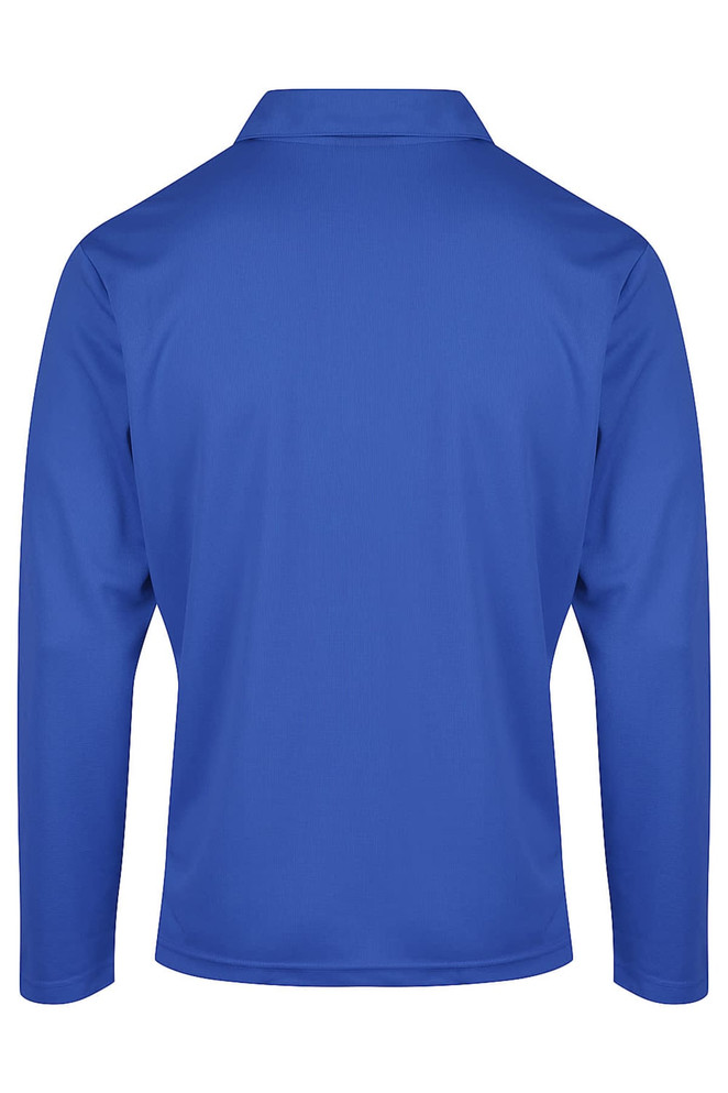 A blue long-sleeve polo shirt with a collar, featuring a branding logo on the back.