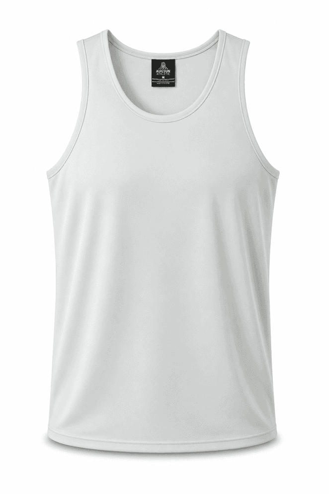 A white men's singlet with a round neckline and a logo on the label.