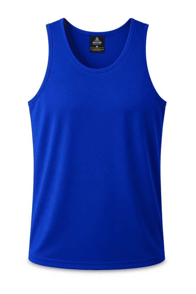 A blue men's singlet featuring a round neckline and a logo on the label.