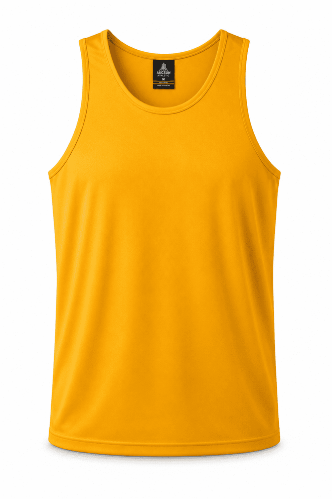 A yellow men's singlet featuring a crew neck and a logo at the neck. Smooth fabric and sleeveless design.