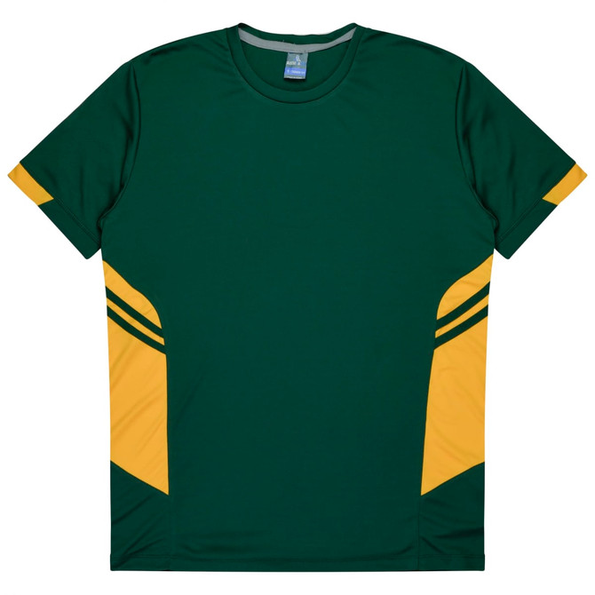 A green t-shirt featuring yellow accents and a logo, designed for kids.