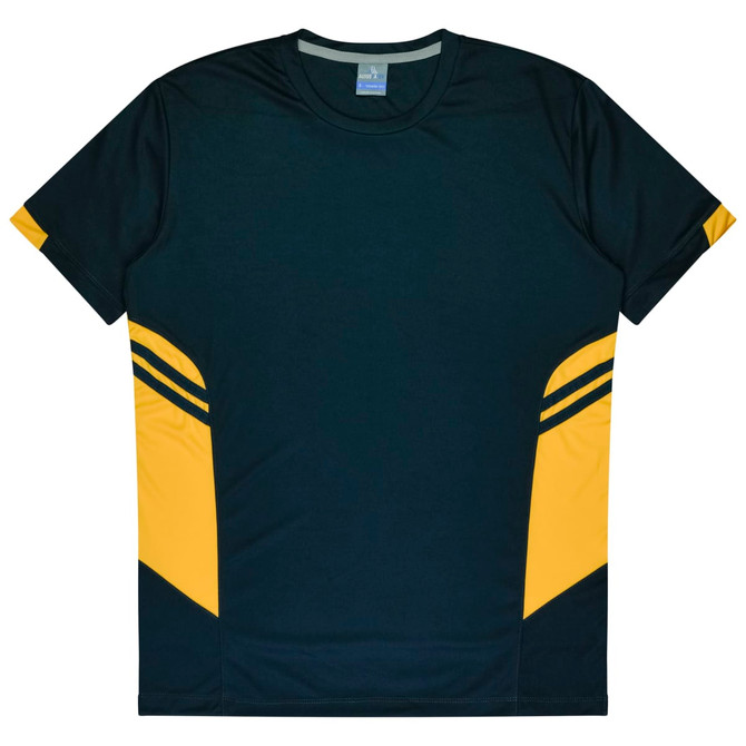 A dark green T-shirt with yellow sleeve accents and side stripes, featuring a logo on the label.