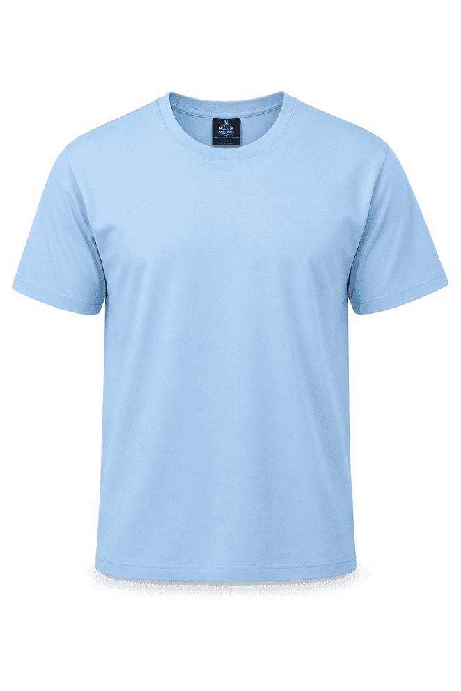 A light blue men's t-shirt with a crew neckline and short sleeves, featuring a logo on the label.