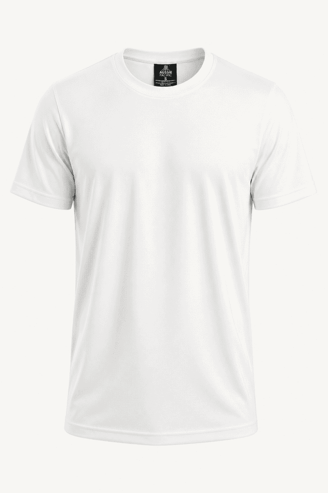 A white T-shirt with short sleeves and a branded neck label, suitable for kids.