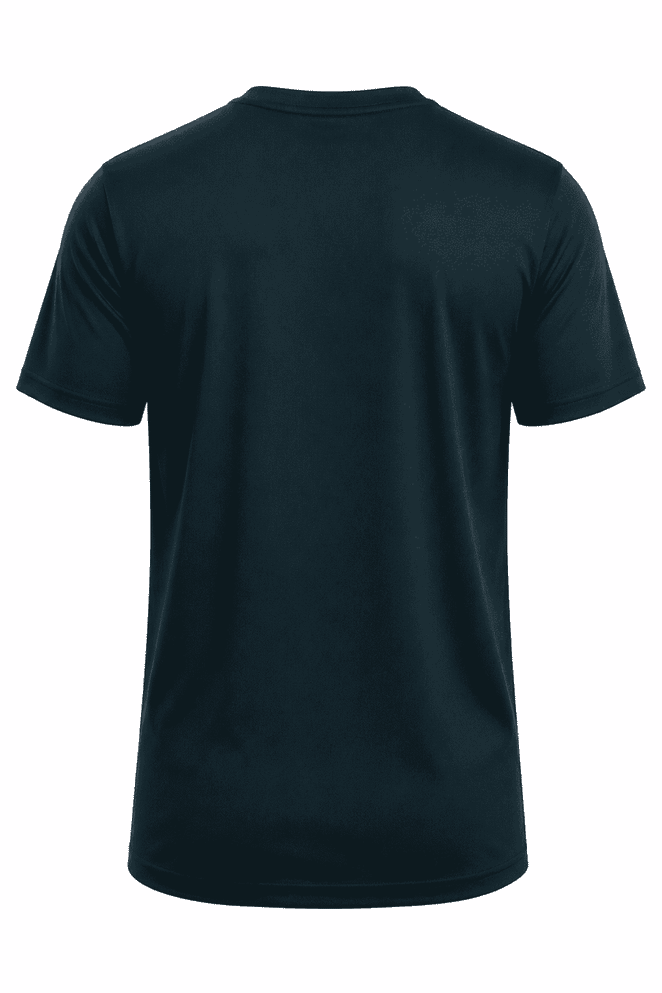 A black t-shirt with a round neckline and short sleeves. The back view is displayed, featuring a logo.