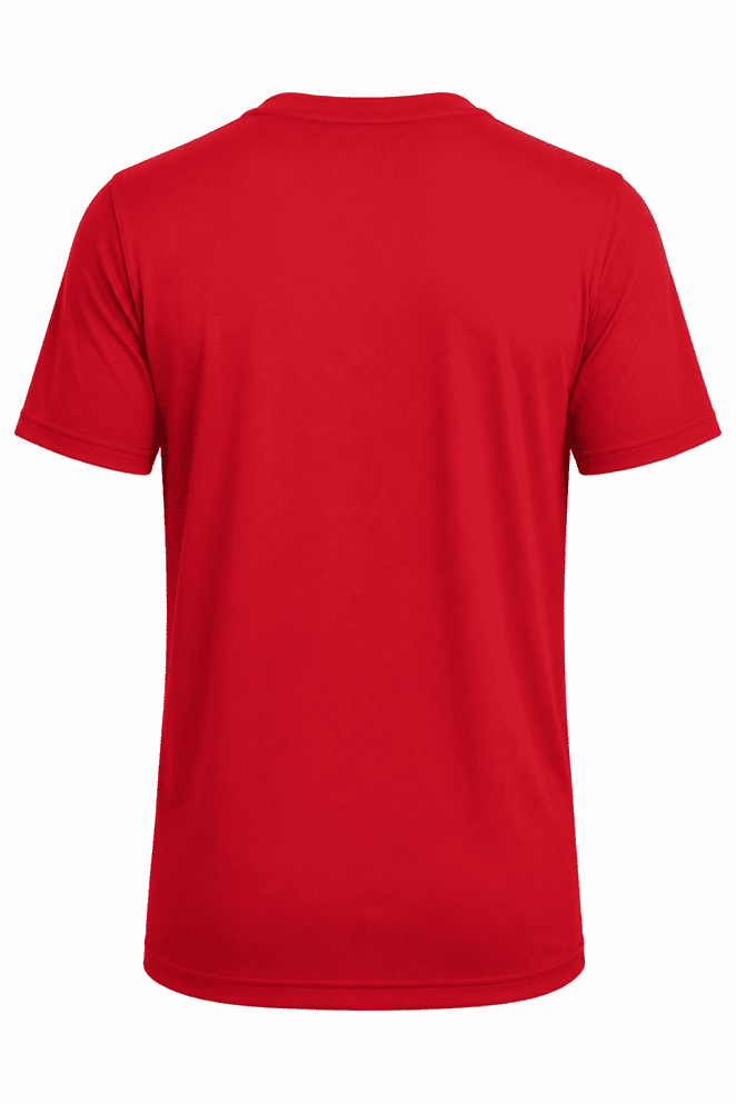 A red T-shirt for kids with short sleeves and a crew neck, featuring a logo on the back.