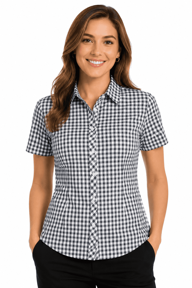 A short sleeve button-up shirt in a black and white gingham pattern, featuring a fitted design and a logo.