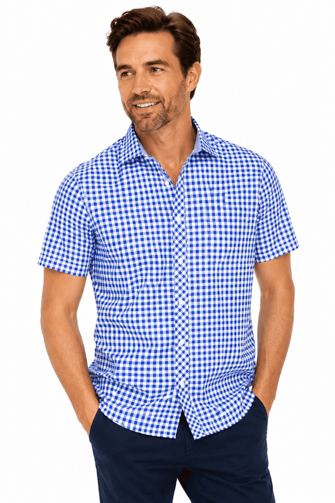 A short-sleeve button-up shirt in a blue and white check pattern. The shirt features a collar and a logo.