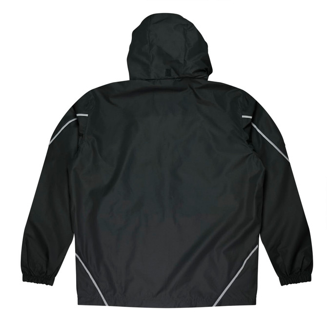 A black jacket with a hood and elastic cuffs, featuring reflective details on the sides.