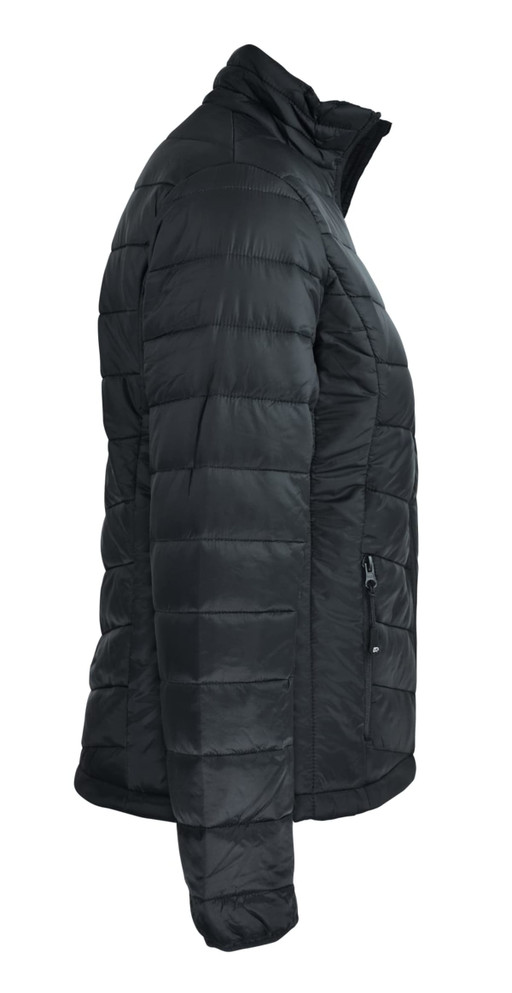 A black puffer jacket with a zip and standing collar, featuring a sleek, quilted design and a logo.