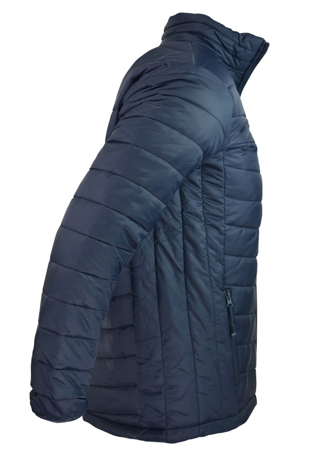 A navy blue jacket with a quilted design and a high collar, featuring a zippered pocket on one side.