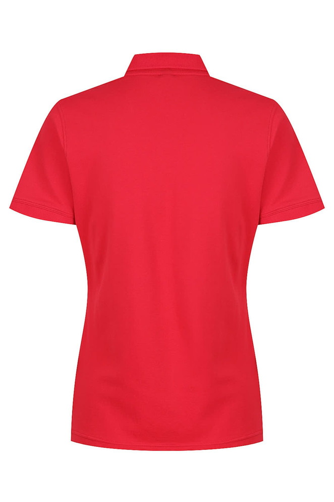 A red polo shirt for women with a classic cut and collar, featuring a logo on the back.