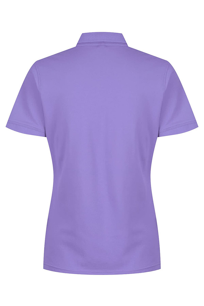 A back view of a purple polo shirt featuring a collar and short sleeves. It includes a logo.