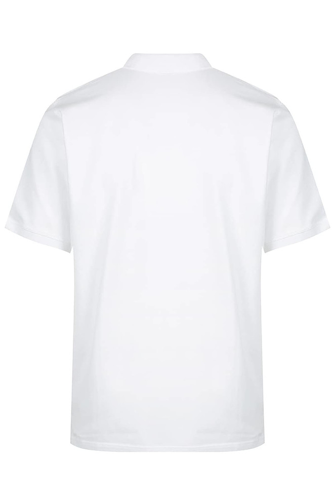 A white polo shirt featuring a collar and short sleeves, with a logo on the chest.