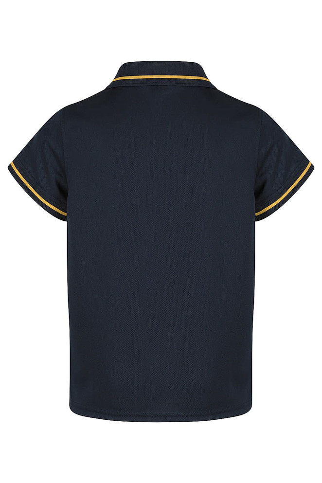 A navy polo shirt for kids with contrasting gold trim and a logo on the back.