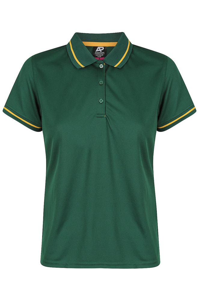 A green polo shirt featuring contrasting yellow trim on the collar and sleeves, with a logo at the neckline.